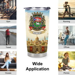 Puerto Rican Family Crest Customized Thermos Cup - Personalized Name - Gift For Dad, Husband, Grandpa