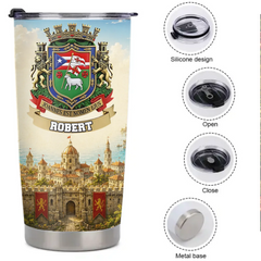Puerto Rican Family Crest Customized Thermos Cup - Personalized Name - Gift For Dad, Husband, Grandpa