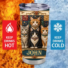 Personalized Vintage Cat Family Tumbler - Custom Name Floral Cat Cup - Gift For Cat Lovers