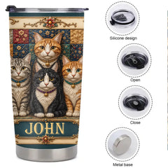 Personalized Vintage Cat Family Tumbler - Custom Name Floral Cat Cup - Gift For Cat Lovers