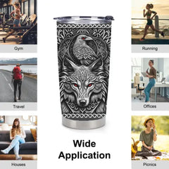 Personalized Norse Viking Thermos Cup - Custom Name Raven Wolf & Viking Warrior Insulated Cup - Gift For Viking Lovers