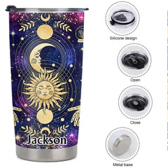 Mystical Celestial Thermos Cup - Sun Moon & Starry Galaxy Insulated Cup - Gift For Astrology & Witchcraft Lovers