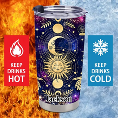 Mystical Celestial Thermos Cup - Sun Moon & Starry Galaxy Insulated Cup - Gift For Astrology & Witchcraft Lovers