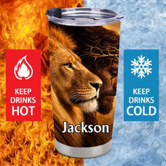 Jesus & Lion of Judah Thermos Cup - Christian Faith & Cross Insulated Cup - Meaningful Gift For Christians