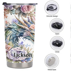 Floral Dragon Thermos Cup - Fantasy Dragon & Bloom Insulated Cup - Gift For Dragon Lovers