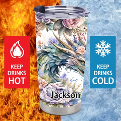 Floral Dragon Thermos Cup - Fantasy Dragon & Bloom Insulated Cup - Gift For Dragon Lovers
