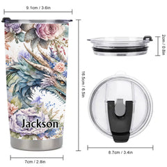 Floral Dragon Thermos Cup - Fantasy Dragon & Bloom Insulated Cup - Gift For Dragon Lovers